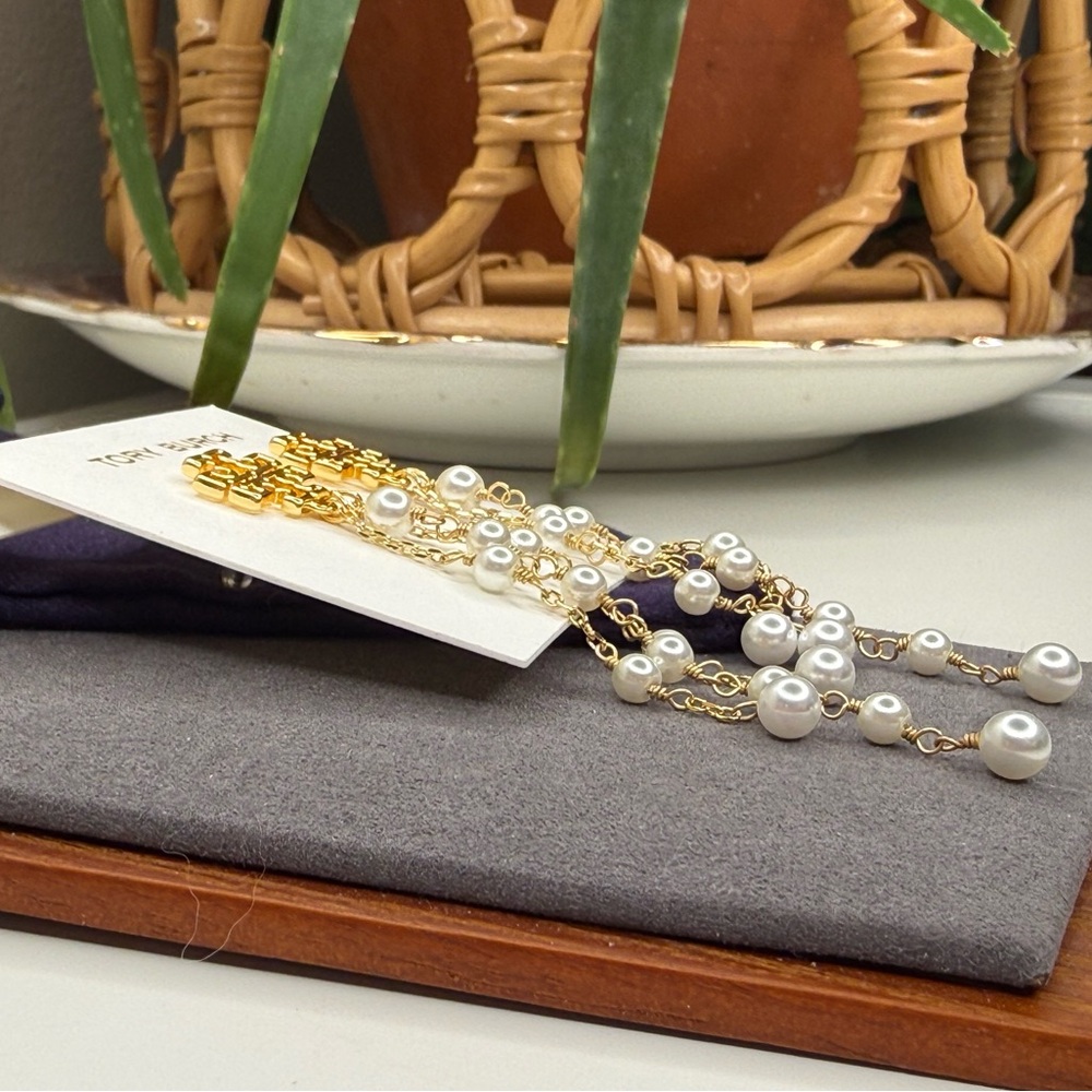 Tory Burch Gold Logo Pearl Tassel Drop Earrings | Statement Dangle - Picture 4 of 12